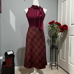 NEW Willi Smith Wool Plaid Academia Tailored Classic Full Midi Skirt Wine 6 NWOT